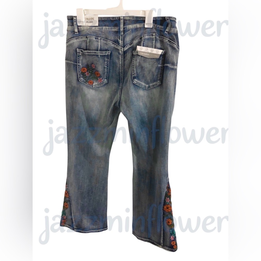 Orange Florals Embroidered high rise flare leg plus size stretch jeans size 16